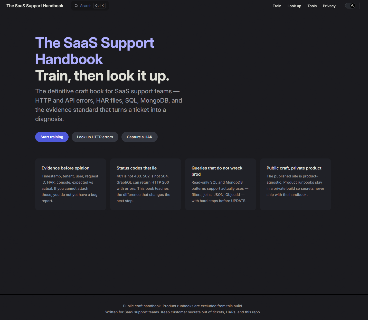 Screenshot of the main page of the base version of the handbook